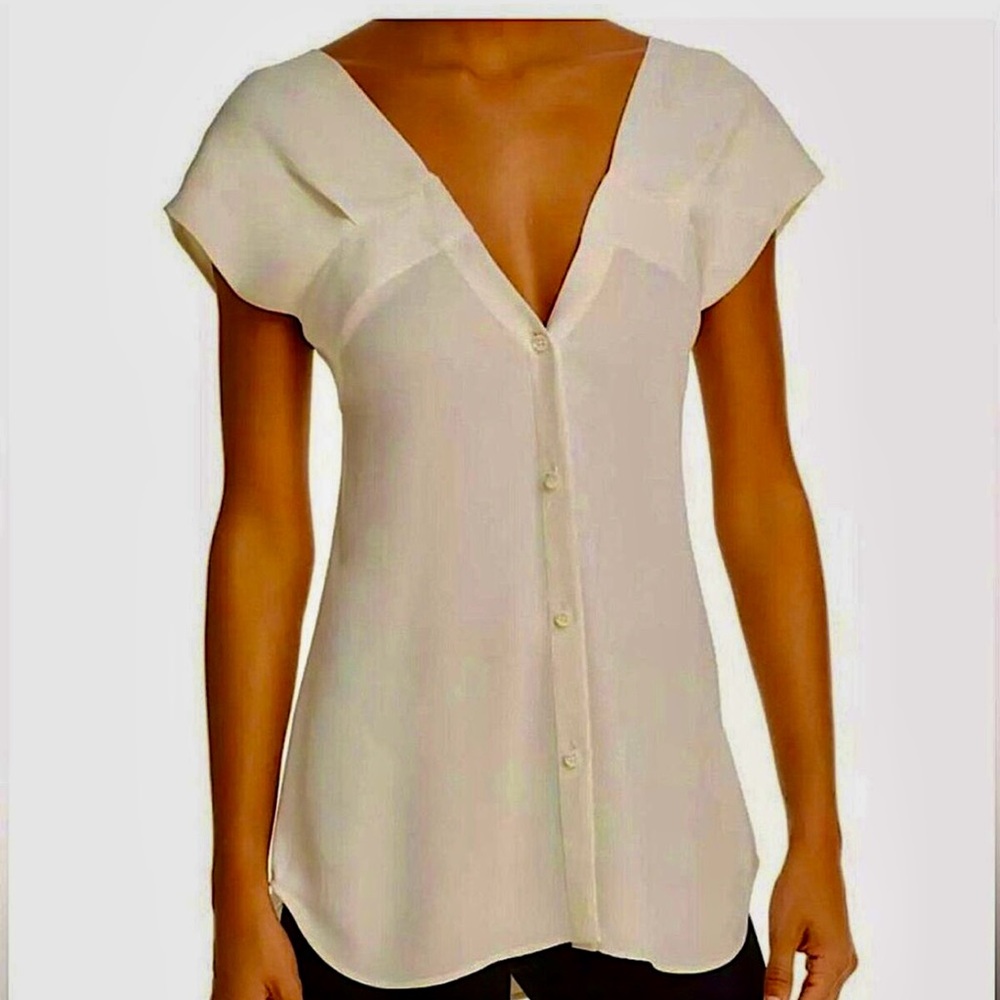 Theory Convertible Silk Blouse Top Off the Shoulder V-Neck Ivory White